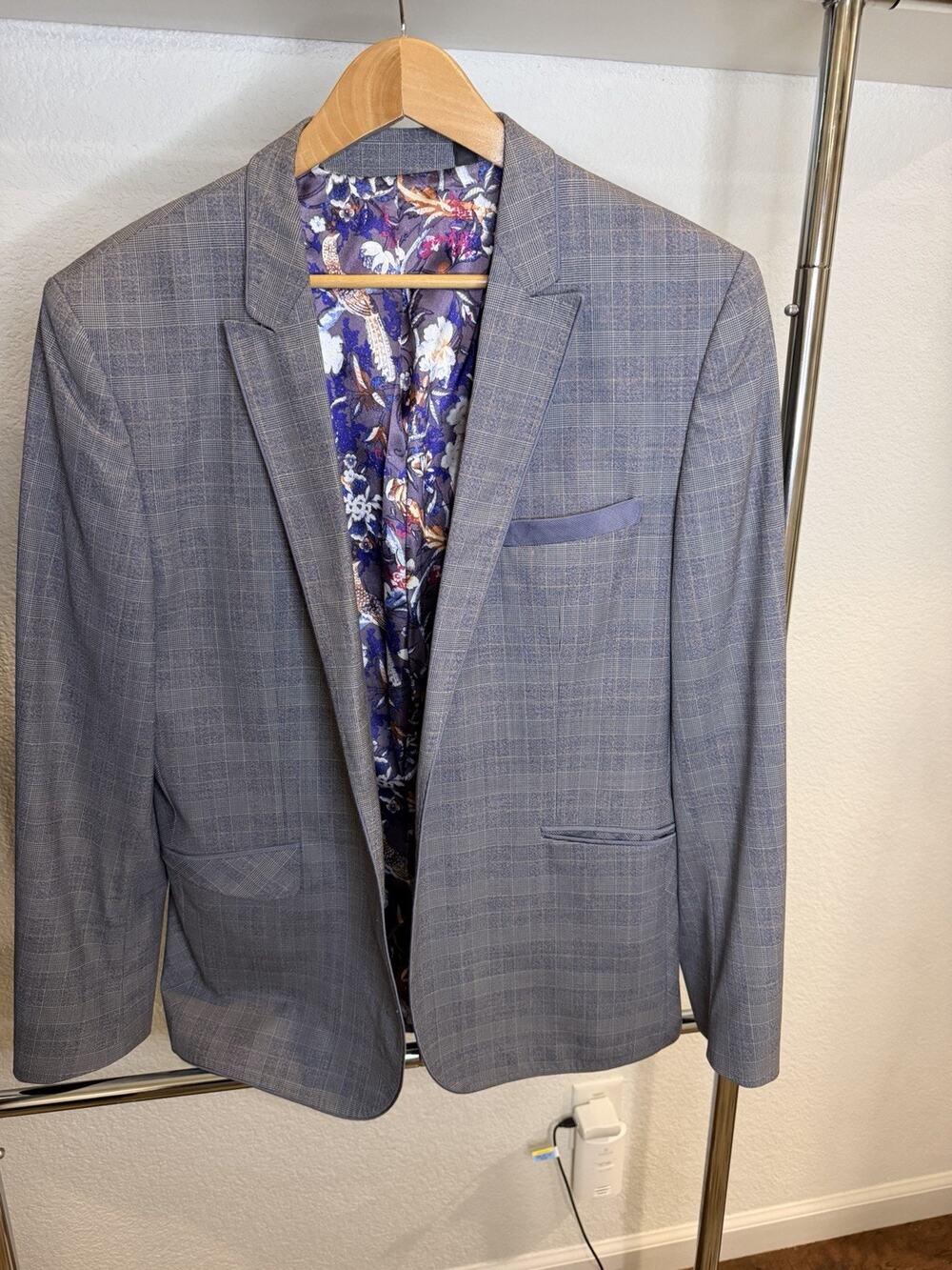 Ted Baker London Mens Blazer 42R Blue Glen Plaid Floral Lined Sport Coat
